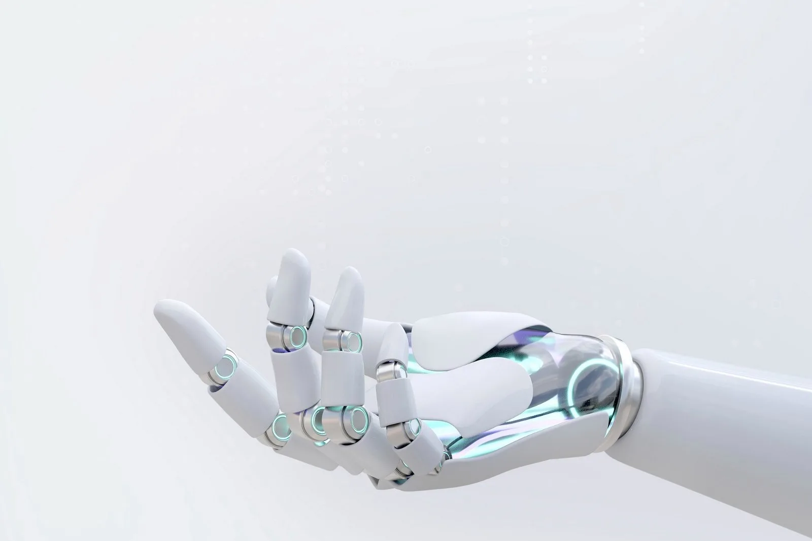 Main robotique blanche tendue, paume ouverte