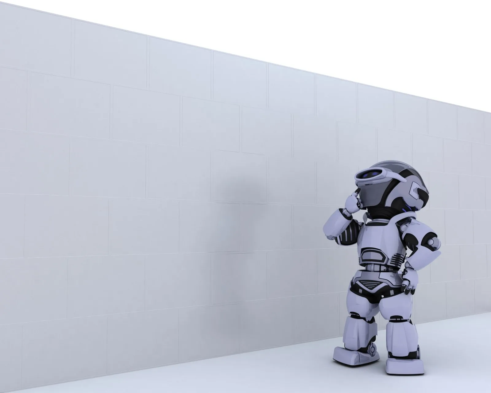 Petit robot pensif devant un mur blanc